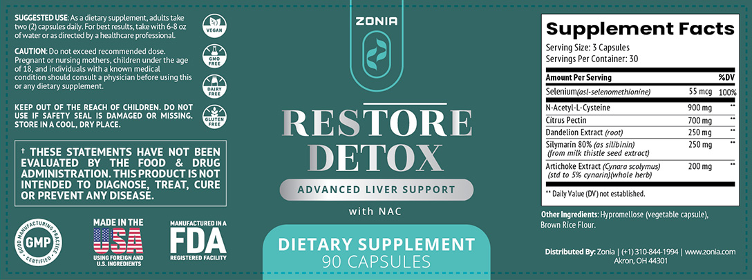 Label for Zonia Restore Detox, an advanced liver support dietary supplement with NAC, containing 90 capsules. It displays supplement facts, suggested use, and certifications like vegan, GMO-free, and made in the USA.